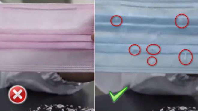 Perbandingan masker bedah palsu dan asli.