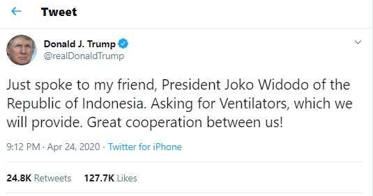 Cuitan Trump soal permintaan ventilator
