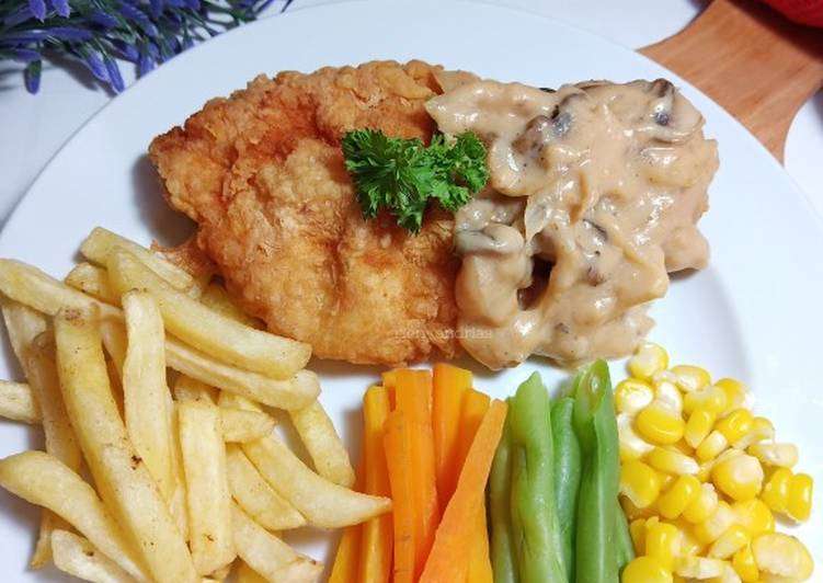 crispy shicken steak with mushroom sauce crispy shicken steak with mushroom sauce