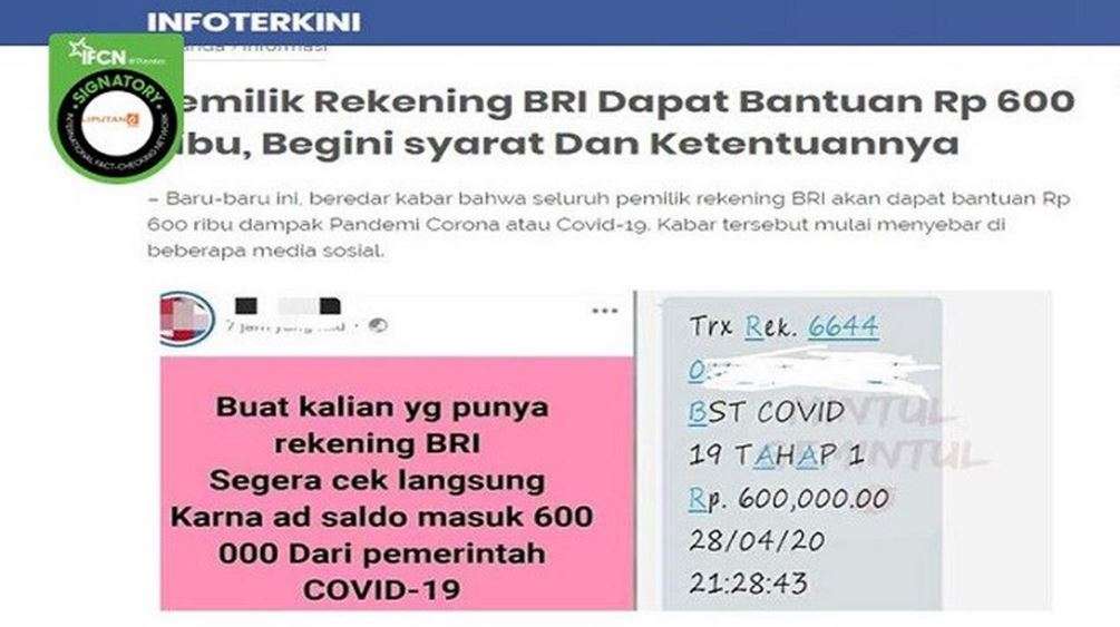 Berita pemilik rekening BRI dapat Rp600 ribu.