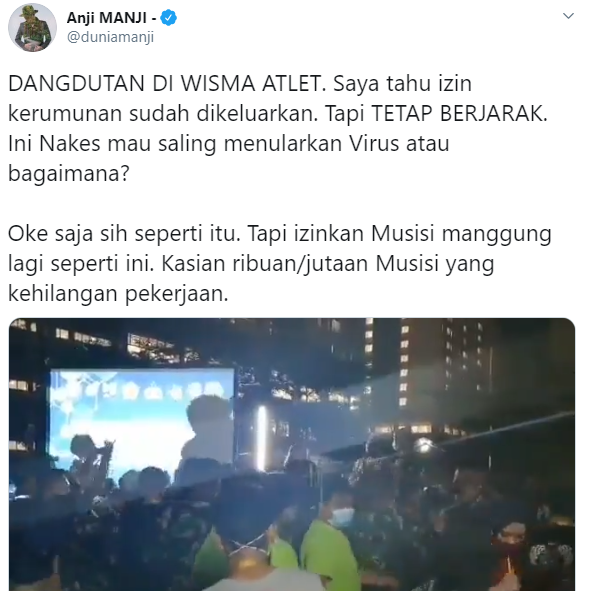 Protes Anji dalam Postingan Twitter terkait Video Dangdutan Wisma Atlet