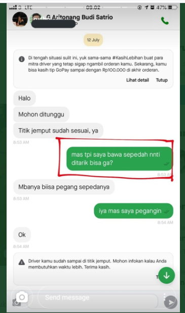 Chat Pengendara Sepeda dengan Driver Ojol