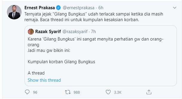 Ernest Praksa soal predator Gilang