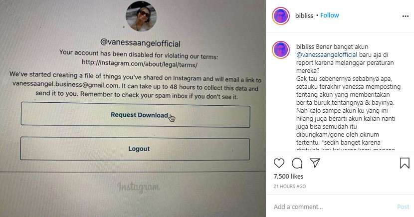 Akun instagram Vanessa Angel menghilang