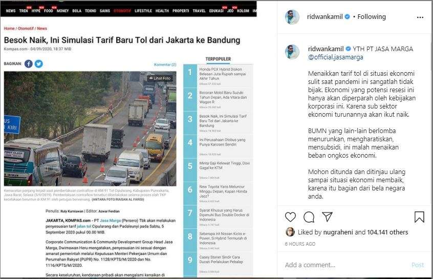 Ridwan Kamil protes Traif tol naik