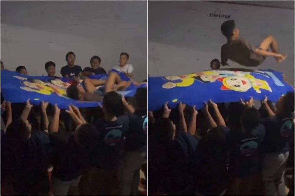 Para santri asik bermain 'trampolin' sebelum kejadian naas terjadi