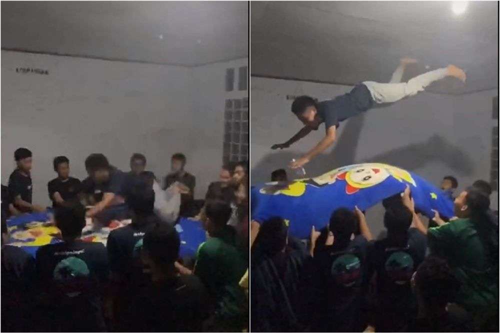 video kocak para santri bermain 'trampolin'
