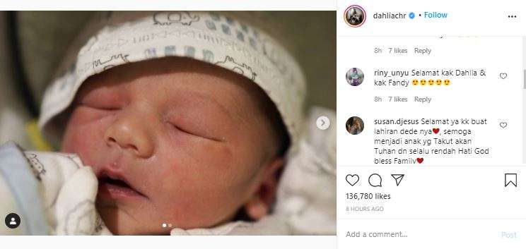 Anak ketiga Dahlia Poland dan Fandy Christian lahir.