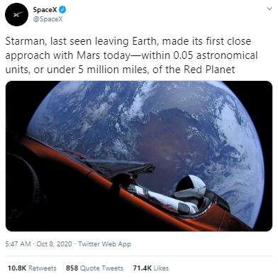 Tesla Roadster makin mendekati Mars.