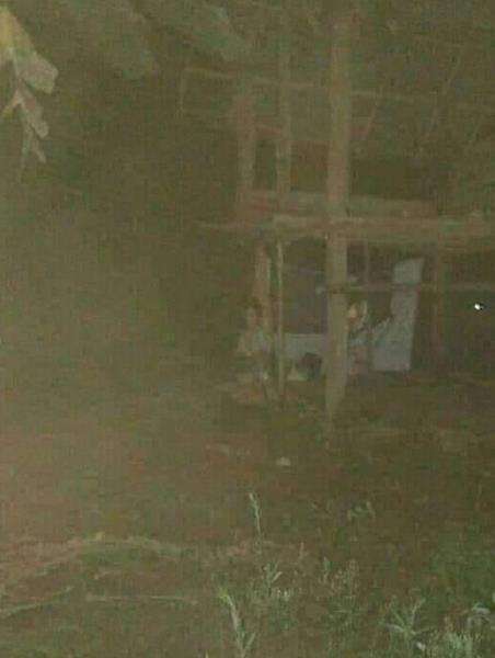 Wanita itu duduk di emperan gubuk di tengah area perkebunan.