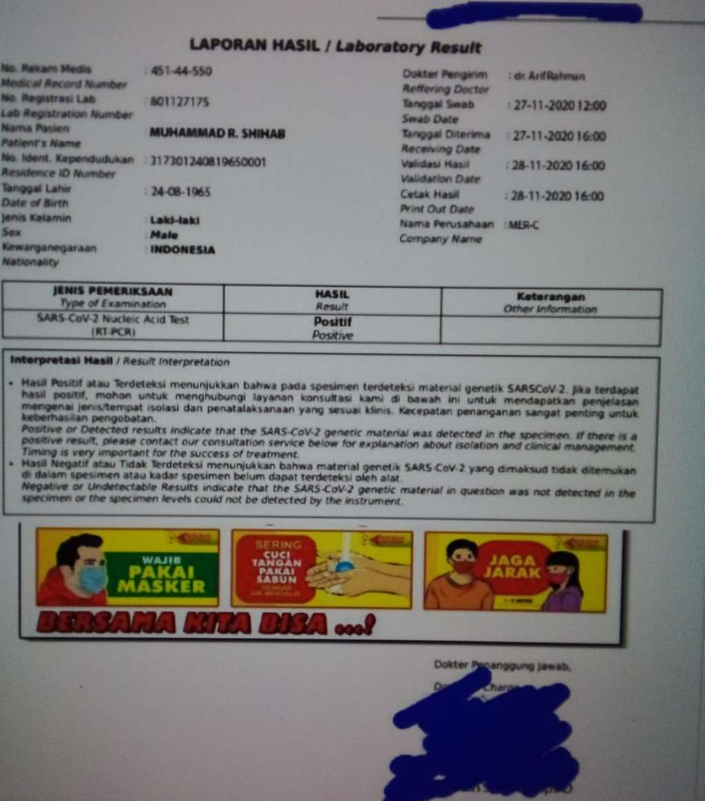 Hasil Swab Test HRS yang beredar di Sosmed