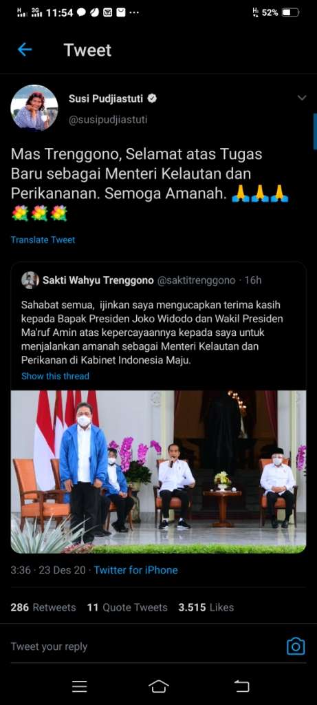 Ucapan selamat dari Susi Pudjiastuti.