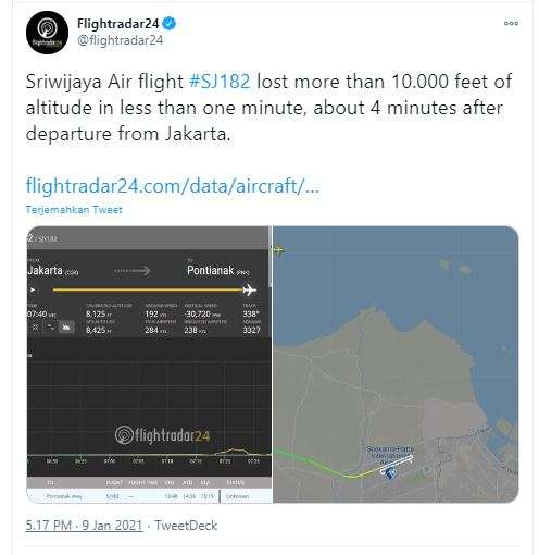 Data penerbangan Sriwijaya Air dari Flightradar24