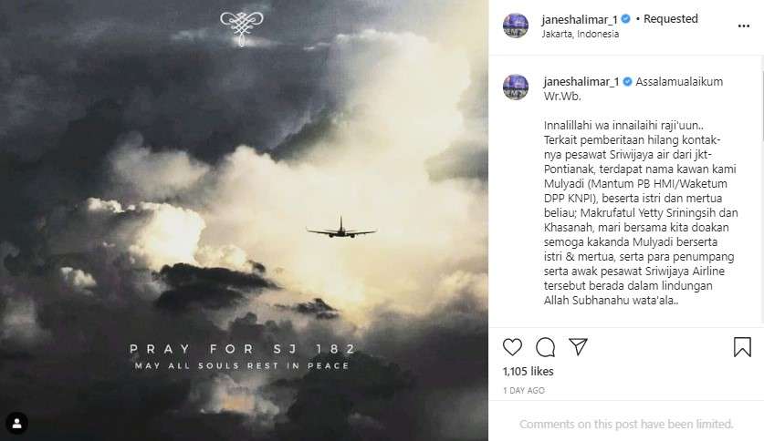 Teman Jane Shalimar jadi korban pesawat Sriwijaya Air