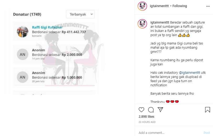 Sumbangan Raffi Ahmad dan Nagita Slavina