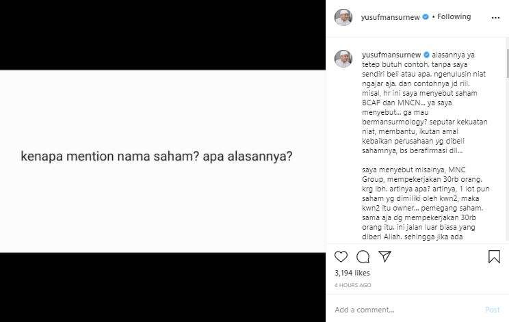 Alasan Ustaz Yusuf Mansur menyebut saham.