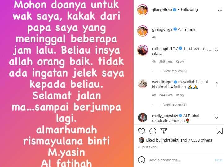 Gilang Dirga berduka