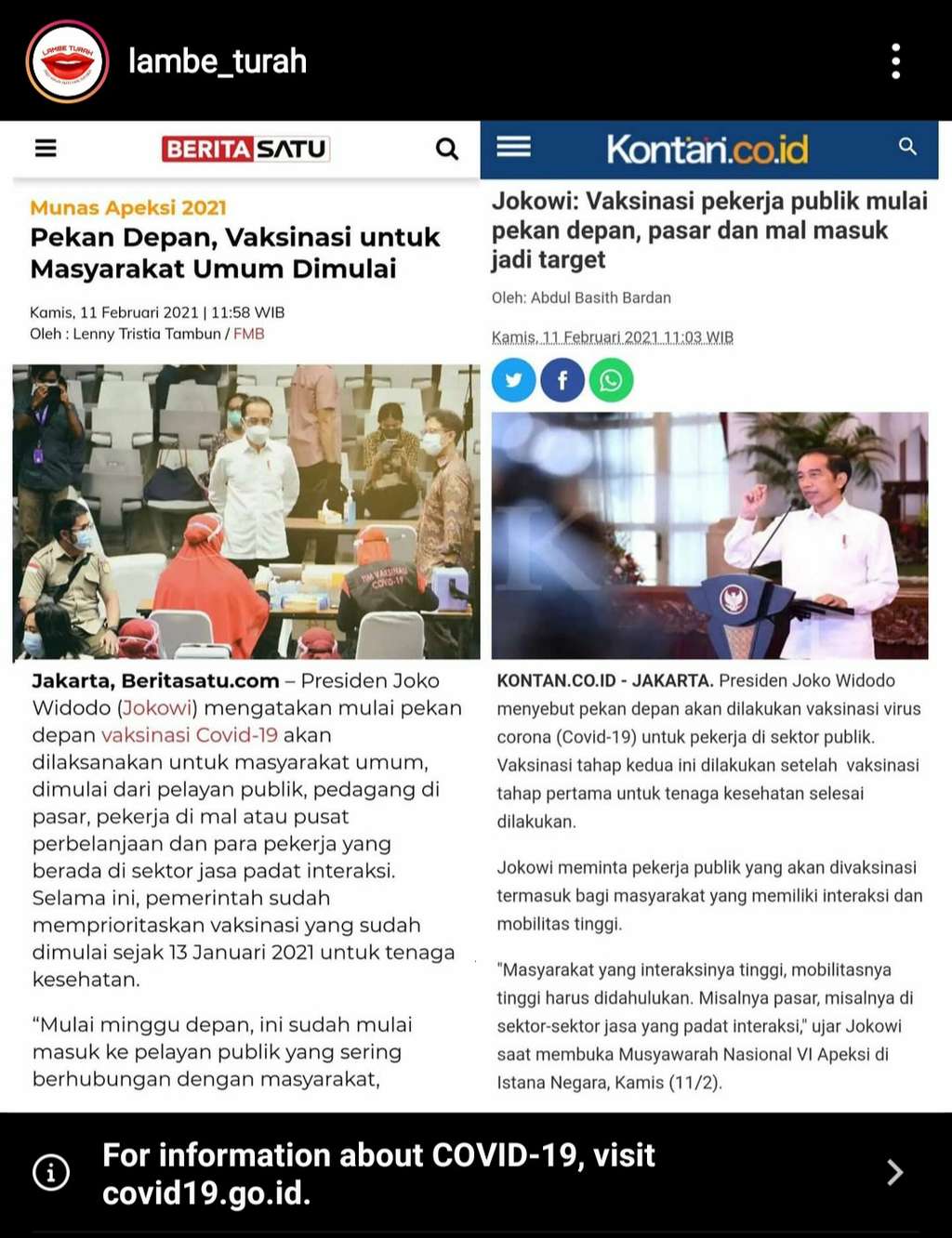 Unggahan @lambe_turah seputar vaksin Covid-19 untuk pekerja publik
