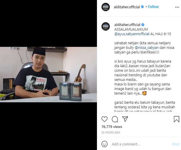 Komentar Aldi Taher soal Perselingkuhan Ayus dan Nissa Sabyan