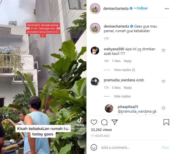 rumah selebgram Denise kebakaran