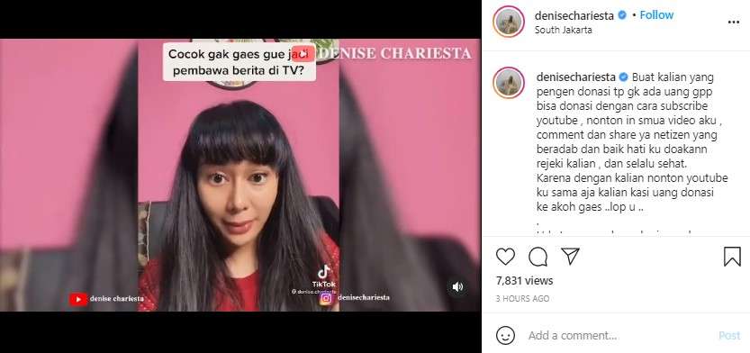 Denise Chariesta minta donasi