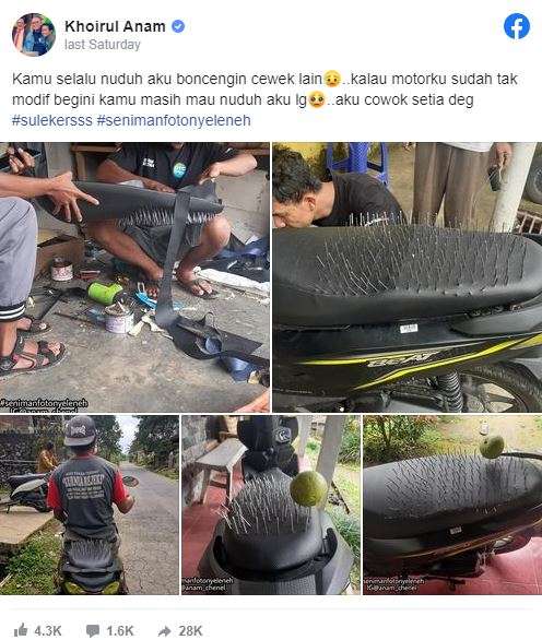 Jok motor ditancapi paku.