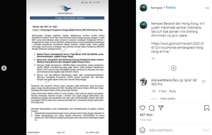 Garuda Indonesia larang kargo udaranya angkut smartpone Vivo.