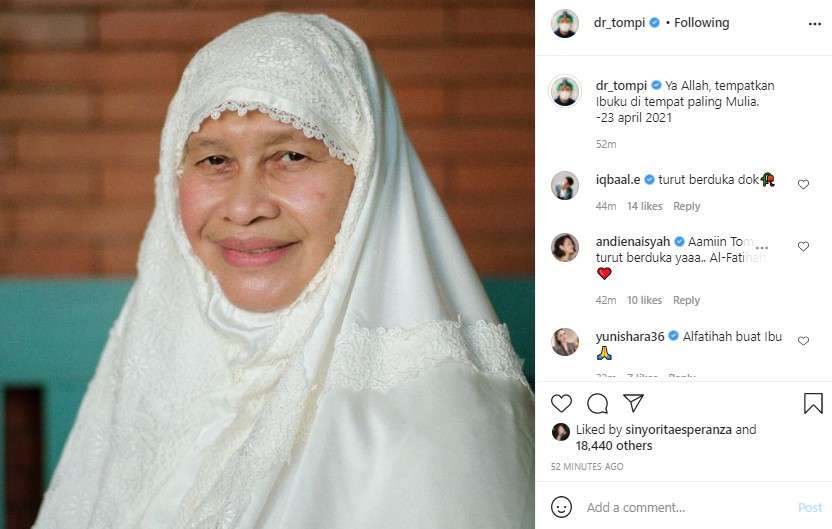 Ibunda Tompi meninggal dunia