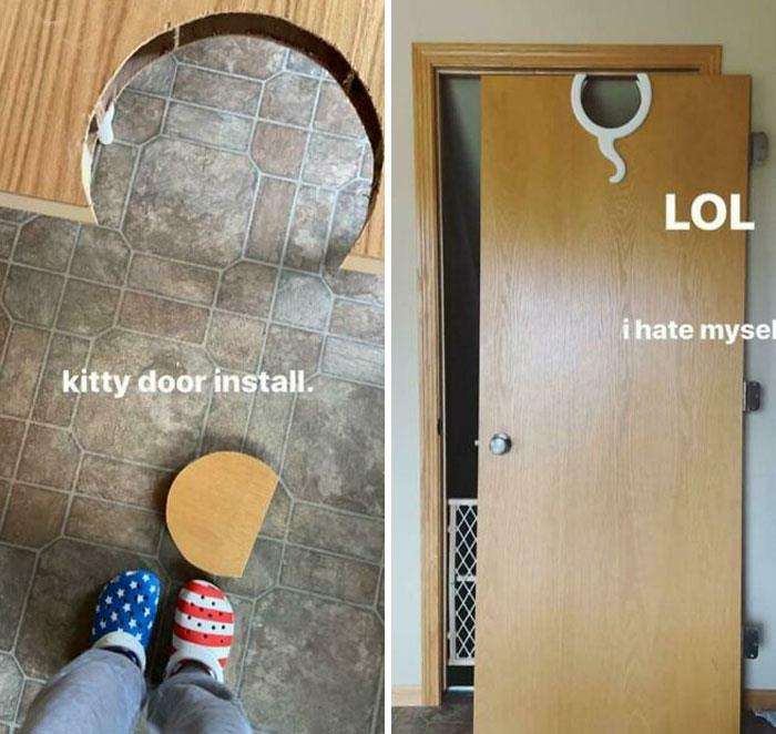 Bikin lubang buat kucing malah salah tempat. Kucing disuruh lompat?