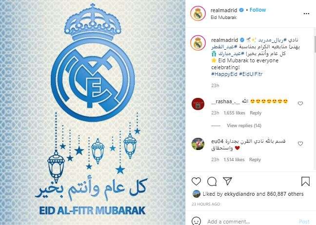 Real Madrid memberikan ucapan Selamat Idul Fitri.