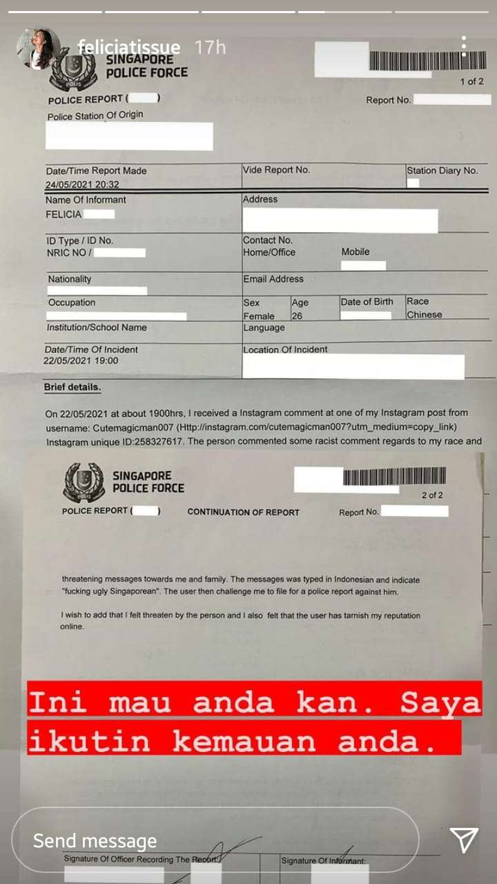 Felicia Melapor ke Polisi Singapura