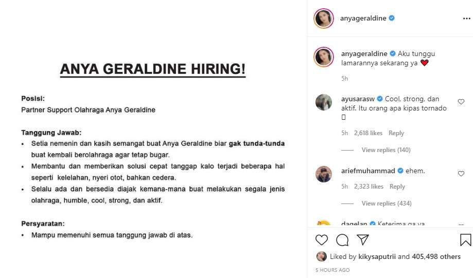 Anya Geraldine buka lowongan