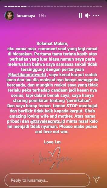 Unggahan Luna Maya soal pernyataan Kartika Putri