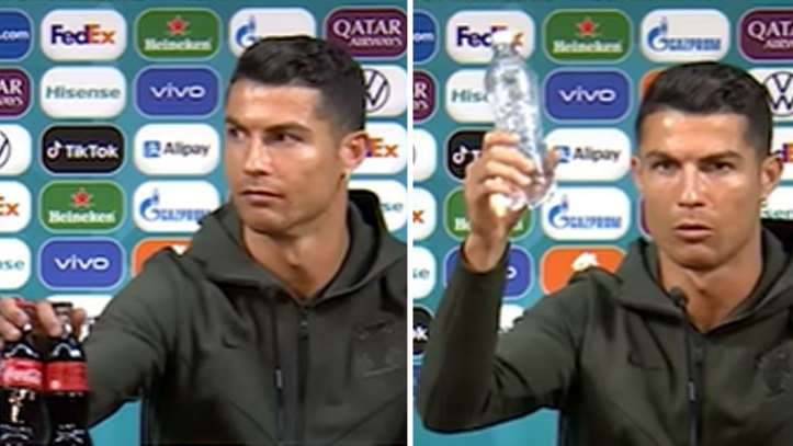 Cristiano Ronaldo menggeser dua botol Coca Cola dari mejanya. (2)