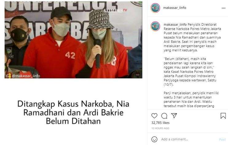 Nia Ramadhani dan Ardi Bakrie belum ditahan.