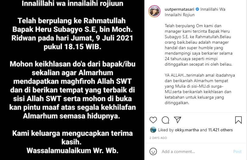 Uut permatasari berduka