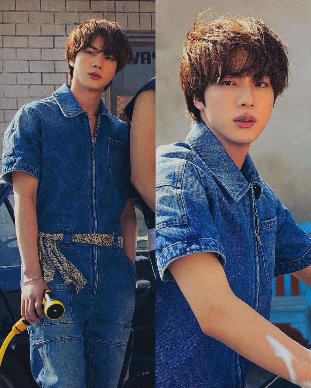 JIn BTS dengan Jumpsuit Denim