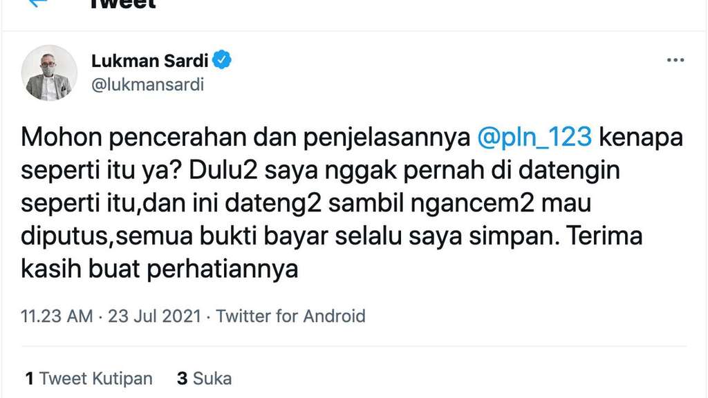 Unggahan Lukman Sardi soal PLN Unggahan Lukman Sardi soal PLN
