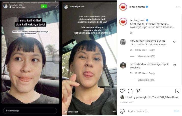 Unggahan Hasyakyla Utami menyindir sang adik.