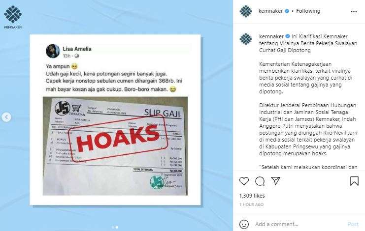 Unggahan hoax tentang potongan gaji.