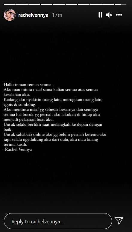 Permohonan maaf Rachel Vennya