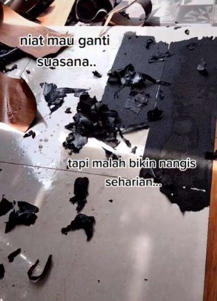 Pasang vinyl stiker di lantai keramik malah berujung tangis dan penyesalan.