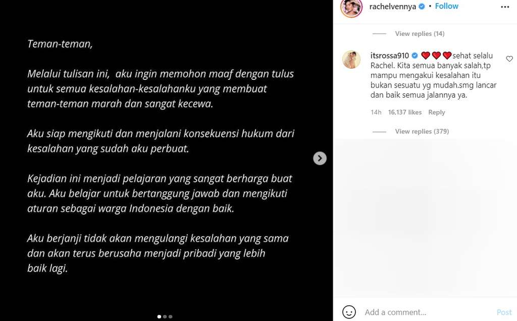 komentar Rossa ke Rachel Vennya