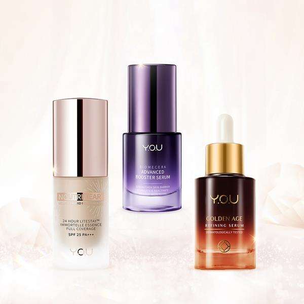 Tiga produk Y.O.U Beauty untuk perawatan kulit.