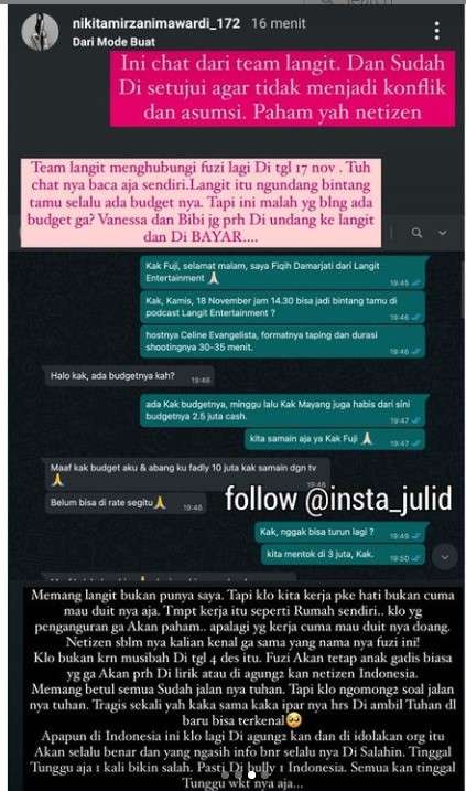 Bukti chat tim Nikita menghubungi Fuji