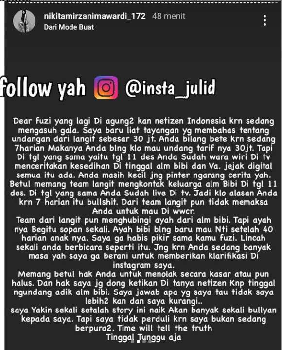 Tangapan Nikita soal pernyataan Fuji