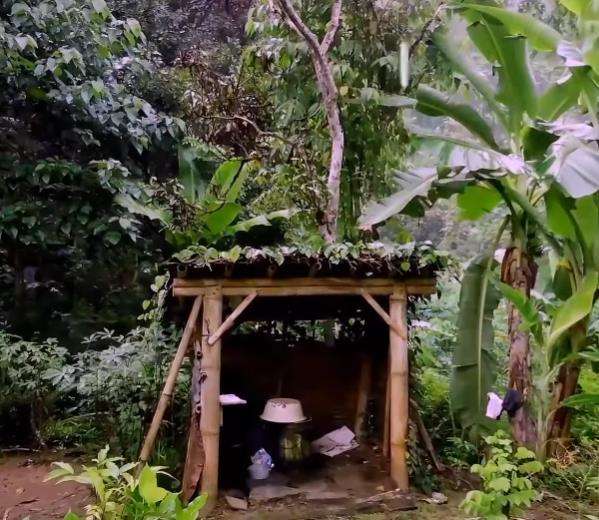 Kamar mandi terbuka dekat rumah di tengah hutan.