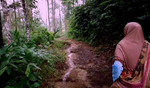 Si Mbah menempuh jalan yang becek dan licin menuju rumah di tengah hutan.