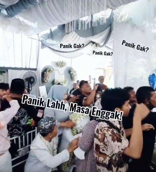 Pesta pernikahan ricuh, tak pedulikan pengantin, semua pada rebutan saweran.