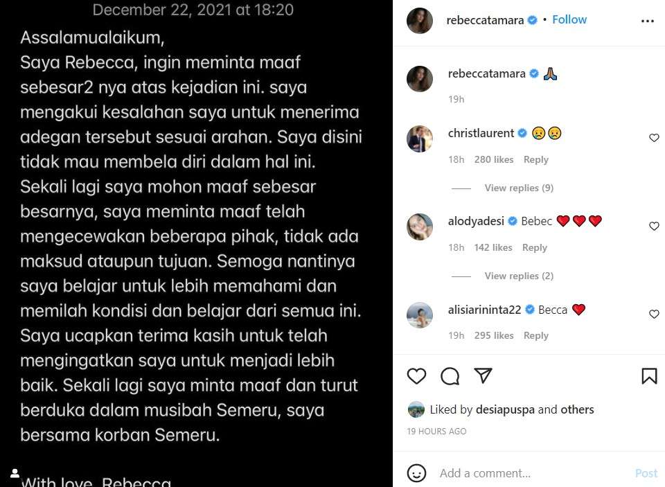 Permohonan maaf Rebecca Tamara
